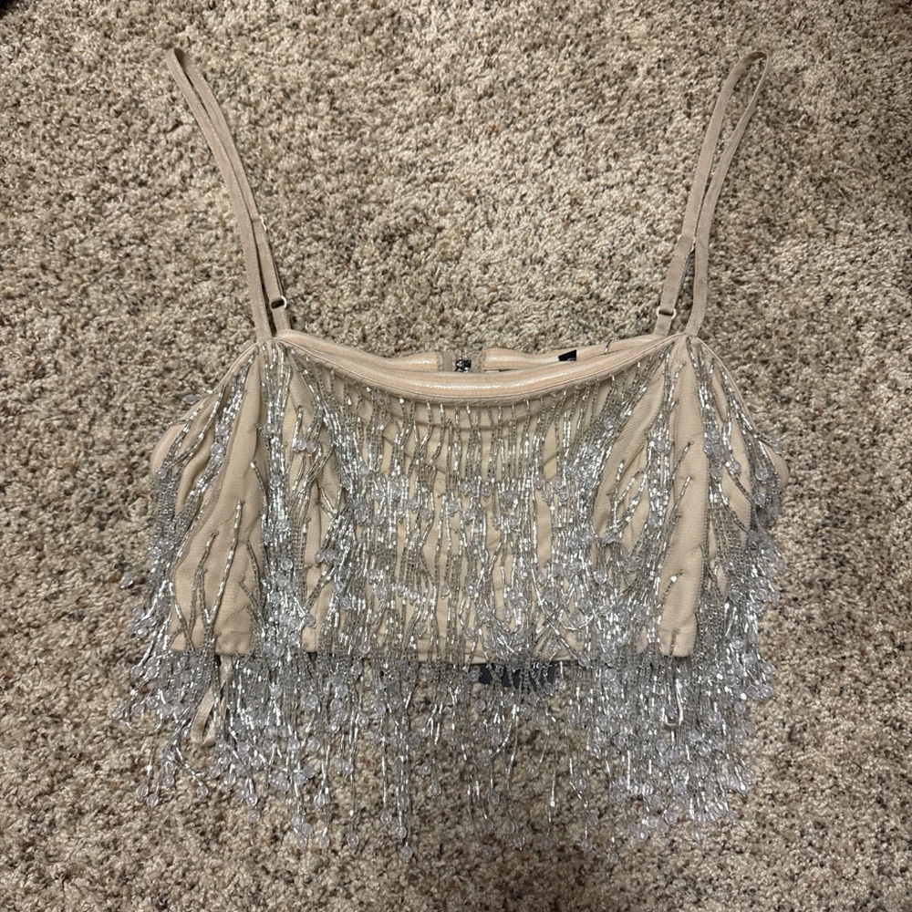 Nasty Gal Beaded Fringe Crop Top in Beige and Silver